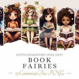 Puede incluir: Un conjunto de ocho ilustraciones digitales de hadas leyendo libros. Las hadas llevan todas atuendos diferentes y tienen diferentes colores y estilos de cabello. Los libros son todos de diferentes colores y tienen diferentes diseños. Las hadas están todas sentadas en pilas de libros. El fondo es una textura de papel blanco rasgado. El texto en la parte inferior de la imagen dice "BOOK FAIRIES - 13 Commercial Free PNGs -"