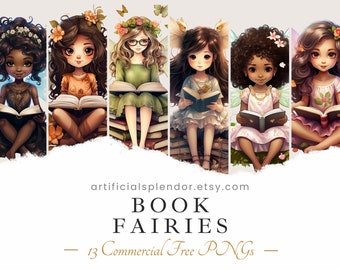 Book Fairy Clipart Bundle, Digital Reading Girl, Butterfly Fairy, Book Lover Young Girl Reader, Cute Fairies PNG Bookworm Library Decoration