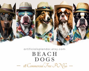 Beach Dog Clipart Bundle, Watercolor Art, Human Animal PNG, Digital Canine Dressed as Person Vacation Bulldog in Straw Hat Portrait Painting