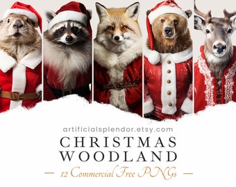 Zestaw clipartów leśnych zwierząt bożonarodzeniowych Akwarela Mikołaj Sztuka leśnych zwierząt PNG Świąteczny szop przebrany za osobę Realistyczny kapelusz Świętego Mikołaja