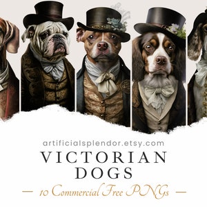 Victoriaanse hond clipart bundel, aquarel kunst, menselijke dierlijke PNG, digitale, dier verkleed als persoon vintage fancy hond in hoed portret schilderij