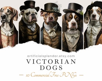 Victorian Dog Clipart Bundle, Watercolor Art, Human Animal PNG, Digital, Animal Dressed as Person Vintage Fancy Dog in Hat Portrait Painting