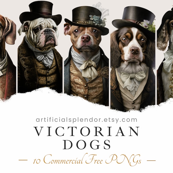 Victorian Dog Clipart Bundle, Aquarelle Art, Human Animal PNG, Numérique, Animal habillé en personne vintage Fancy Dog in Hat Portrait Painting