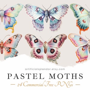 Motte Clipart PNG Bundle Aquarell Pastell Motte Sofortiger digitaler Download Ziemlich Bunt Motten Natur Pastellfarben Freie Kommerzielle Nutzung Kunst