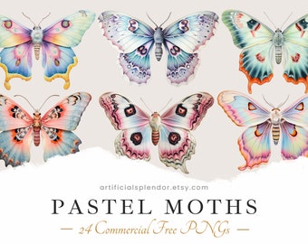 Moth Clipart PNG Bundle Watercolor Pastel Moth Instant Digital Download Pretty Colorful Moths Nature Pastel Colors Free Commercial Use Art