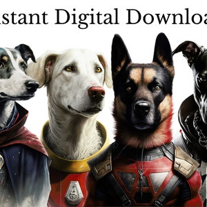 Superhero Dogs Clipart Bundle, Watercolor Art, Human Animal PNG, Digital Bulldog Dressed as Person Realistic Dog Super Hero Dog Wearing Cape image 2