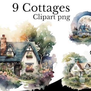 Cottage Clipart Bundle, Watercolor PNG, Cottage Art, Transparent Background, Cottage Element, Rustic Clipart, Countryside, Cute House Floral