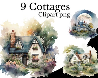 Cottage Clipart Bundle, Watercolor PNG, Cottage Art, Transparent Background, Cottage Element, Rustic Clipart, Countryside, Cute House Floral