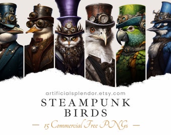 Steampunk Bird Portrait Clipart Bundle, Watercolor Art, Free Commercial Use, Human Animal PNG, Digital Bird Dressed as Person, Avian Owl Art