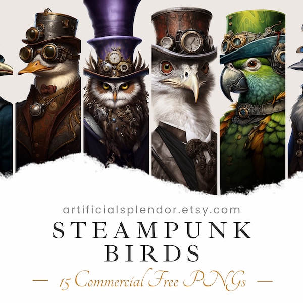 Steampunk Bird Portrait Clipart Bundle, Watercolor Art, Free Commercial Use, Human Animal PNG, Digital Bird Dressed as Person, Avian Owl Art