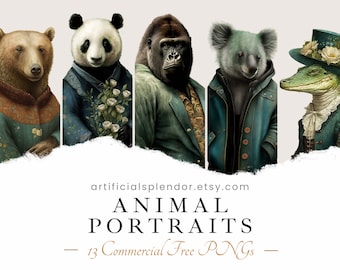 Animal Portrait Clipart Bundle, Watercolor Art, Human Animal PNG, Digital, Animal Dressed as Person, Gorilla Koala Alligator Flamingo Panda