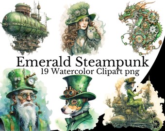 Pakiet szmaragdowo zielonych clipartów steampunkowych, sztuka akwareli steampunkowych, cyfrowe tło steampunkowe PNG, bezpłatne wykorzystanie komercyjne, vintage