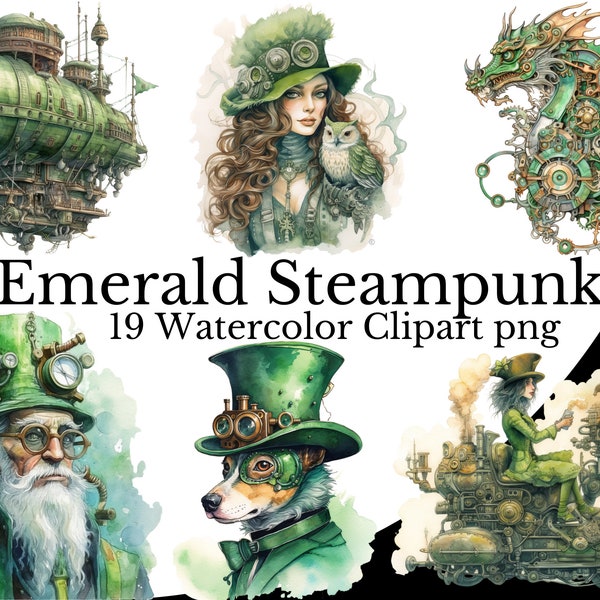 Emerald Green Steampunk Clipart Bundle, Steampunk Watercolor Art Digital Steampunk PNG Transparent Background, Free Commercial Use, Vintage