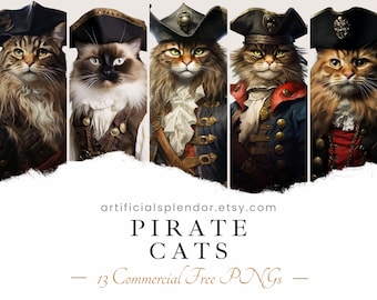 Pirate Cat Clipart Bundle Watercolor Cat Art Animal PNG Digital Pet Dressed as Pirate Realistic Cat PNG Fancy Feline Buccaneer Captain