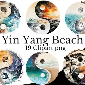 Strand Yin Yang Clipart Bundle, digitales Aquarell PNG, transparenter Hintergrund, chinesische Symbolik, altes asiatisches Symbol, Zen-Kunst