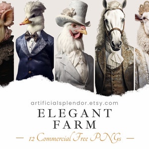 Bauernhof Tier Clipart Bundle eleganter Bauernhof PNG Aquarell Bauernhof Kunst digital Hahn Huhn Pferd trägt Kleidung realistische Ente Schwein in Zylinder