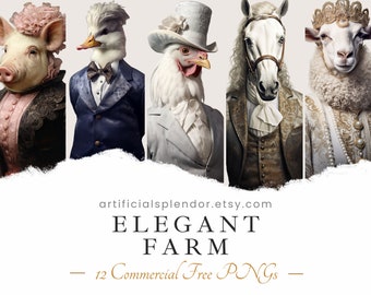 Zestaw clipartów ze zwierzętami gospodarskimi Elegancka farma PNG Akwarela Sztuka farmy Cyfrowy kogut Kurczak Koń Noszący ubrania Realistyczna kaczka Świnia w cylindrze
