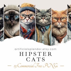 Hipster Cat Clipart Bundle, Aquarelle Art, Human Animal PNG, Digital Tabby Habillé en personne Réaliste Cat Art Fancy Feline portant des lunettes