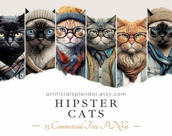 Hipster Cat Clipart Bundle, Watercolor Art, Human Animal PNG, Digital Tabby Dressed as Person Realistic Cat Art Fancy Feline Wearing Glasses