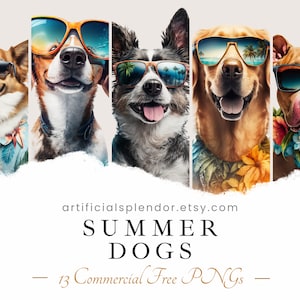 夏の犬のクリップアート バンドル、ビーチの犬のデジタル アート、人間の動物 PNG、サングラスをかけたクールな休暇の犬の要素として服を着た犬