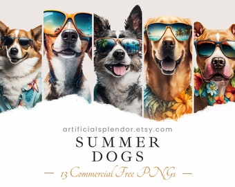 Summer Dog Clipart Bundle, Beach Dog Digital Art, Human Animal PNG, Canine Dressed as Person Cool Vacation Dog Wearing Sunglasses Element
