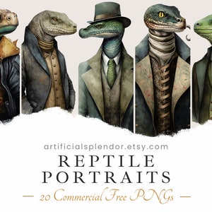 Pacote de clipart de retrato de réptil, arte em aquarela, animal humano PNG, animal digital jacaré crocodilo cobra lagarto tartaruga vestida de pessoa