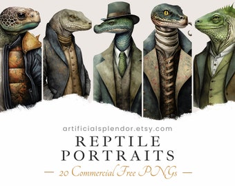 Paquete de imágenes prediseñadas de retratos de reptiles, arte de acuarela, PNG de animales humanos, cocodrilo animal digital cocodrilo serpiente lagarto tortuga vestida como persona