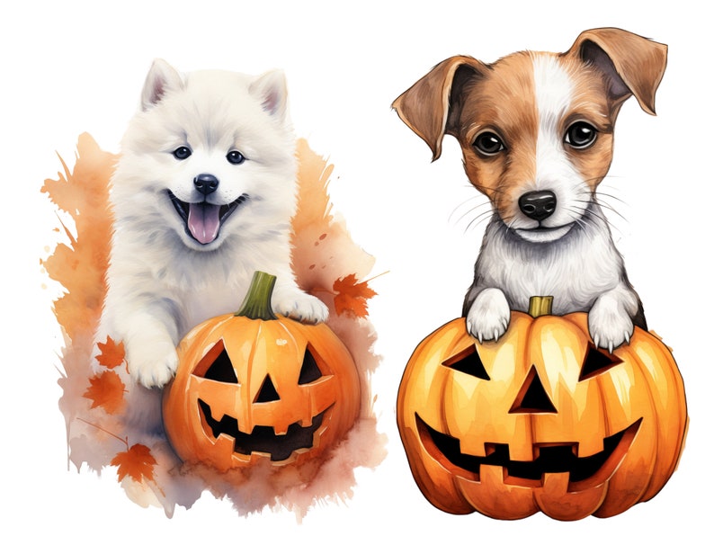 May include: Two adorable puppies, one white and one brown and white, are holding jack-o'-lantern pumpkins. The pumpkins have carved faces with triangular eyes and a wide smile. The background is a watercolor wash of orange and brown.