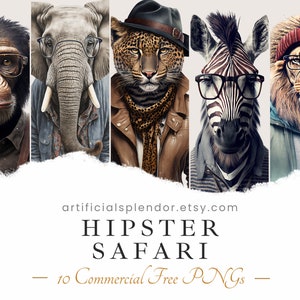 Pacote de clipart de animais Safari Hipster, arte em aquarela, elefante humano PNG, leopardo digital vestido como pessoa zebra realista usando óculos