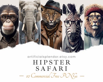 Hipster Safari Animals Clipart Bundle, Watercolor Art, Human Elephant PNG, Digital Leopard Dressed as Person Realistic Zebra Wearing Glasses