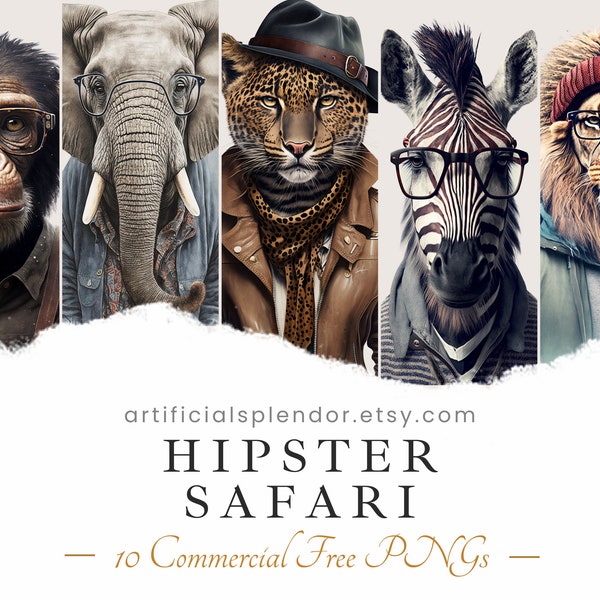 Hipster Safari Animals Clipart Bundle, Watercolor Art, Human Elephant PNG, Digital Leopard Dressed as Person Realistic Zebra Wearing Glasses