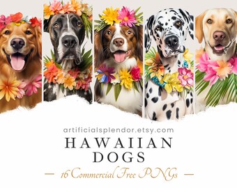 Paquete de imágenes prediseñadas de perro hawaiano, Arte digital de perro floral, PNG animal humano, Canino vestido como persona Cool Vacation Summer Beach Dog Element