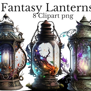 Fantasy lanternes Clipart Bundle, aquarelle PNG, RPG article Art, fond Transparent, Assistant sorcière élément magique vintage Antique victorien