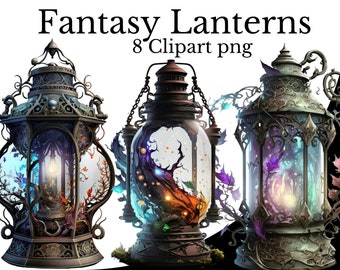 Fantasy Lanterns Clipart Bundle, Watercolor PNG, RPG Item Art, Transparent Background, Wizard Witch Magic Element Vintage Antique Victorian