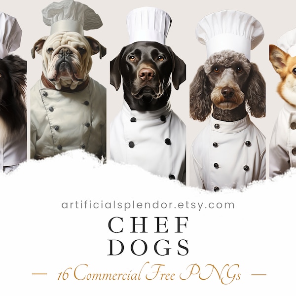 Chef Dog Clipart Bundle, Baker Dog Art, Human Animal PNG, Digital Canine Dressed as Person Realistic Dog Wearing a Chef Hat, Restaurant Dog