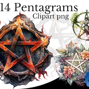 Pentagram Clipart Bundle, Watercolor PNG, Star Witchcraft Art, Transparent Background, Pentagram Element, Witch Occult Wiccan Pagan Magic