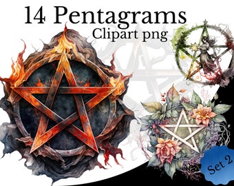 Pentagram Clipart Bundle, Watercolor PNG, Star Witchcraft Art, Transparent Background, Pentagram Element, Witch Occult Wiccan Pagan Magic