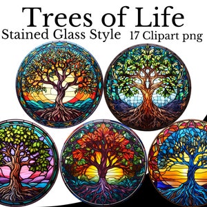 Puede incluir: Conjunto de cinco ilustraciones de árbol de la vida de estilo vitral de colores. Cada ilustración presenta un árbol con un tronco y hojas de diferentes colores, rodeado de un fondo colorido.