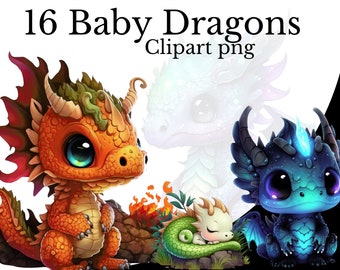 Baby Dragon Clipart Bundle, Watercolor Art, Fantasy Cute Dragon PNG, Digital Chibi Dragon PNG, Mythological Creature, Cute Animal Digital