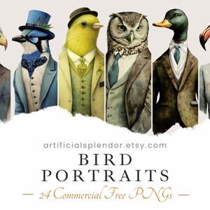 Vogel Porträt Clipart Bundle, Aquarell Kunst, Mensch Tier PNG, Digital Tier als Person verkleidet realistisch Adler Ente Kanarienvogel Schwan