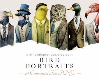 Bird Portrait Clipart Bundle, Watercolor Art, Human Animal PNG, Digital Animal Dressed as Person Realistic Eagle Duck Canary Vulture Swan