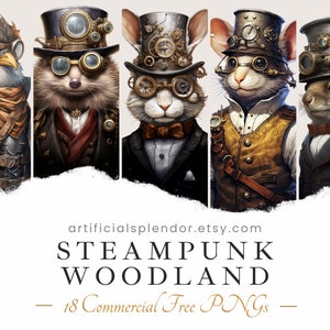 Steampunk Woodland Animal Clipart Bundle Aquarelle Souris Steampunk Animal Art PNG Souris numérique habillée en personne Animal réaliste PNG Renard