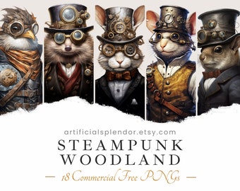 Steampunk Woodland Animal Clipart Bundle Watercolor Mouse Steampunk Animal Art PNG Digital Mouse Dressed as Person Realistic Animal PNG Fox