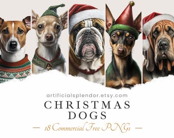 Christmas Dog Clipart Bundle, Digital Watercolor Art, Holiday Animal PNG, Animal Dressed as Person Realistic Canine  Dog Wearing Santa Hat