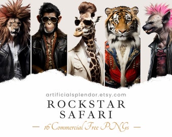 Rockstar Animal Clipart Bundle Safari Animals Art Muzyk Słoń PNG Cyfrowy Lew Przebrany za Piosenkarza Rockowego Realistyczna Małpa Zabawny Goryl PNG