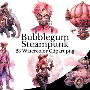 Bubblegum roze Steampunk clipart bundel, Steampunk aquarel kunst digitale Steampunk PNG transparante achtergrond, gratis commercieel gebruik, vintage