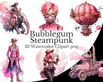 Bubblegum Pink Steampunk Clipart Bundle, Steampunk Watercolor Art Digital Steampunk PNG Transparent Background, Free Commercial Use, Vintage