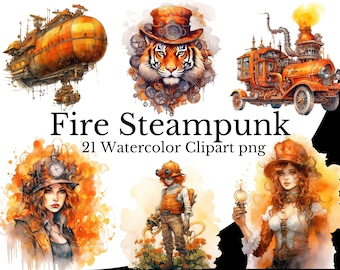 Fire Orange Steampunk Clipart Bundle, Steampunk Watercolor Art Digital Steampunk PNG Przezroczyste Tło, Bezpłatne Użytkowanie Komercyjne, Vintage