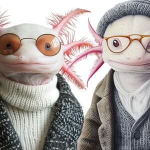 Op de afbeelding: Twee axolotls die brillen en truien dragen. Een axolotl draagt een grijze trui en een grijze muts. De andere axolotl draagt een witte trui en een zwart-grijs gepatroneerd jack.