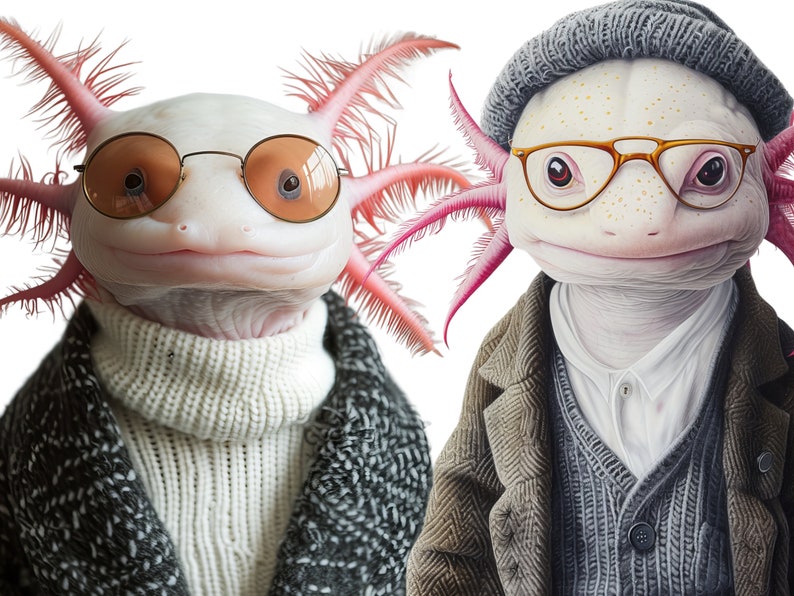 Op de afbeelding: Twee axolotls die brillen en truien dragen. Een axolotl draagt een grijze trui en een grijze muts. De andere axolotl draagt een witte trui en een zwart-grijs gepatroneerd jack.